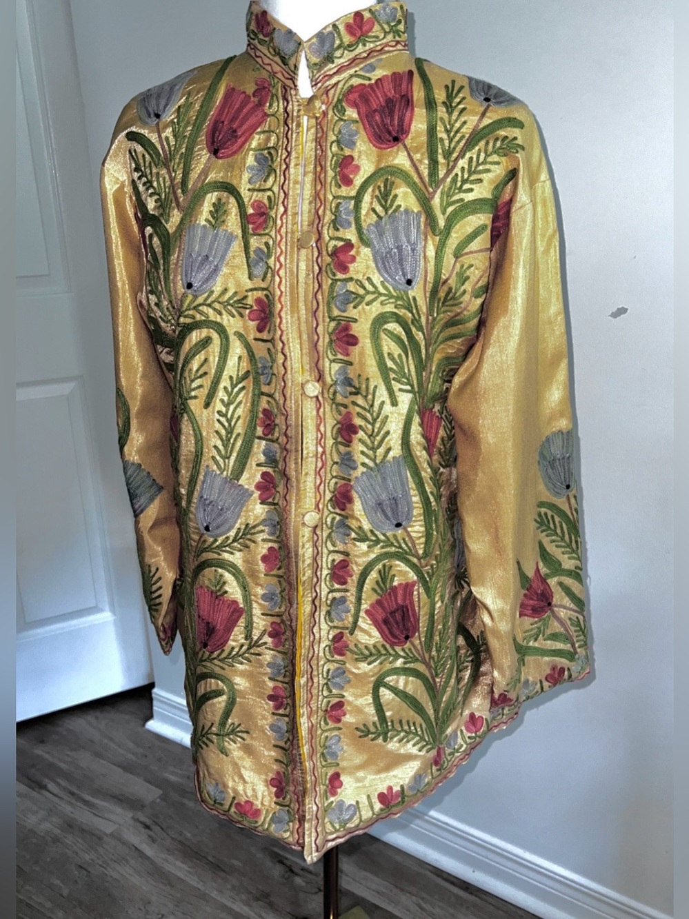Soft Yellow Embroidered Long Tunic • Raw Silk Look & Feel • Red Blue Poppies - Picture 8 of 12